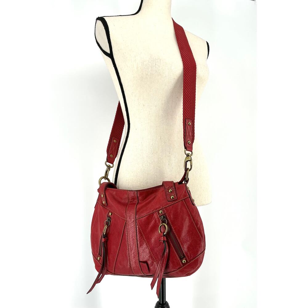 Fossil Y2K Red Leather Satchel Crossbody Bag Brass Hardware - Picture 10 of 15